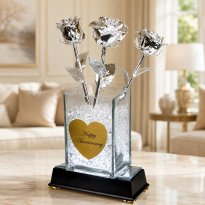 3 Illuminated 11" Platinum Roses in 6" Personalized Vase